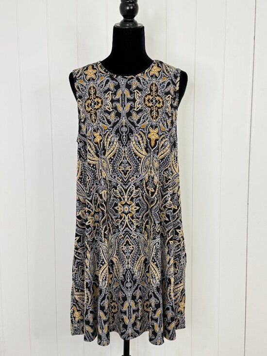 Tahari Dresses & Skirts - Tahari Paisley Sleeveless Dress Womens LG Black Gold Stretch Pocket Tank Dress